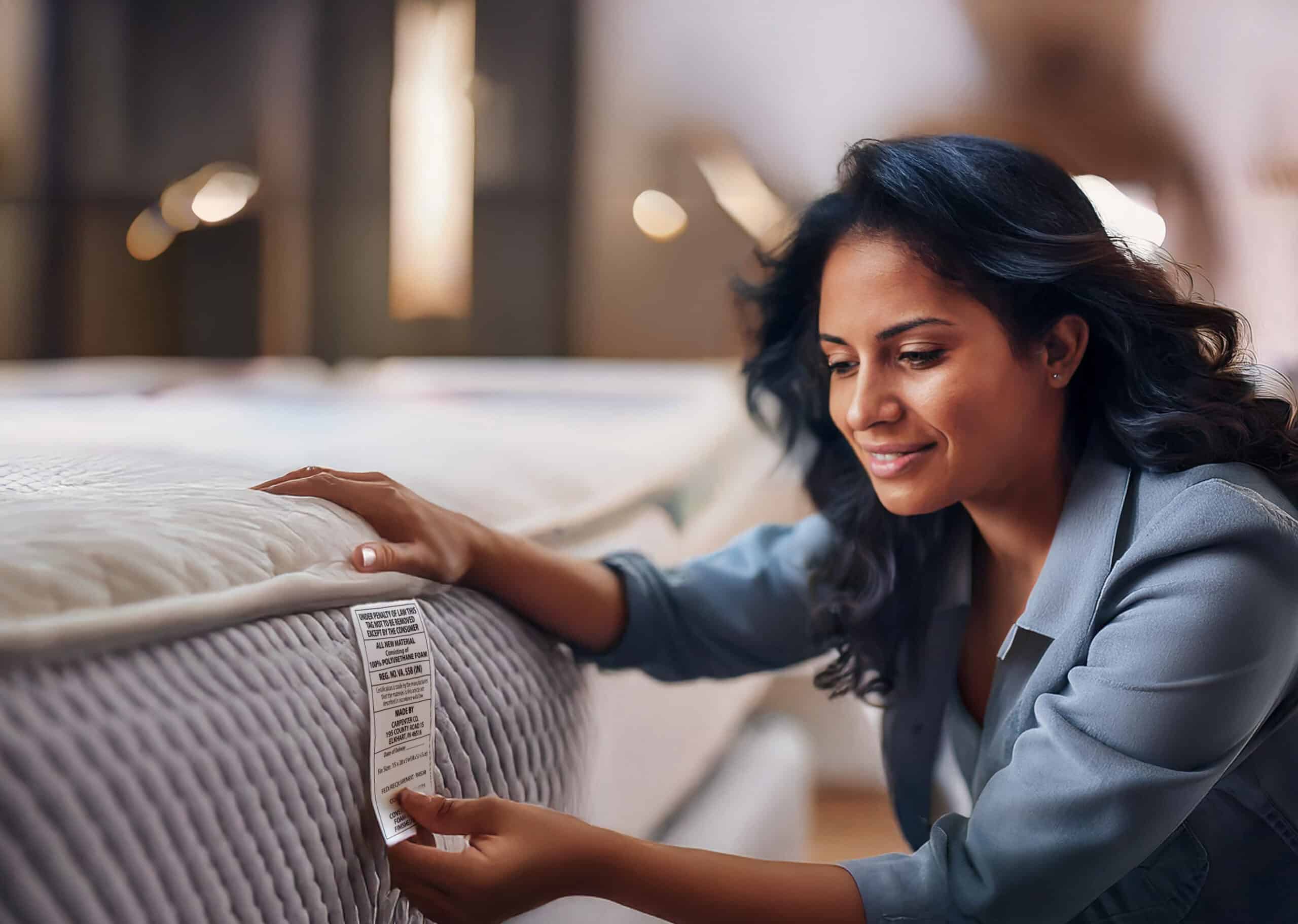 Woman examining a mattress label in a softly lit room.